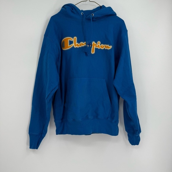 Champion Reverse Weave Size M Hoodie Sweatshirt Vintage Script Logo GF68 Blue - Picture 9 of 9
